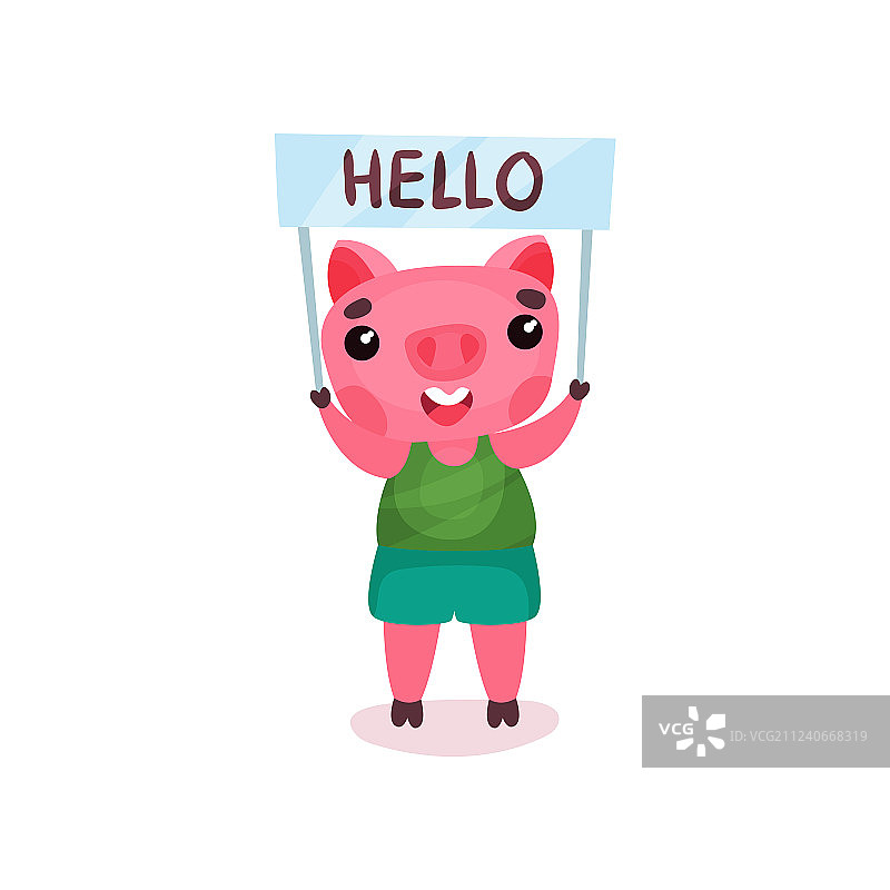 拿着带有Hello文字banner的可爱小猪图片素材