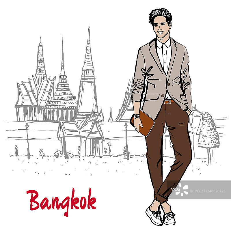 女子在大皇宫和玉佛寺附近图片素材