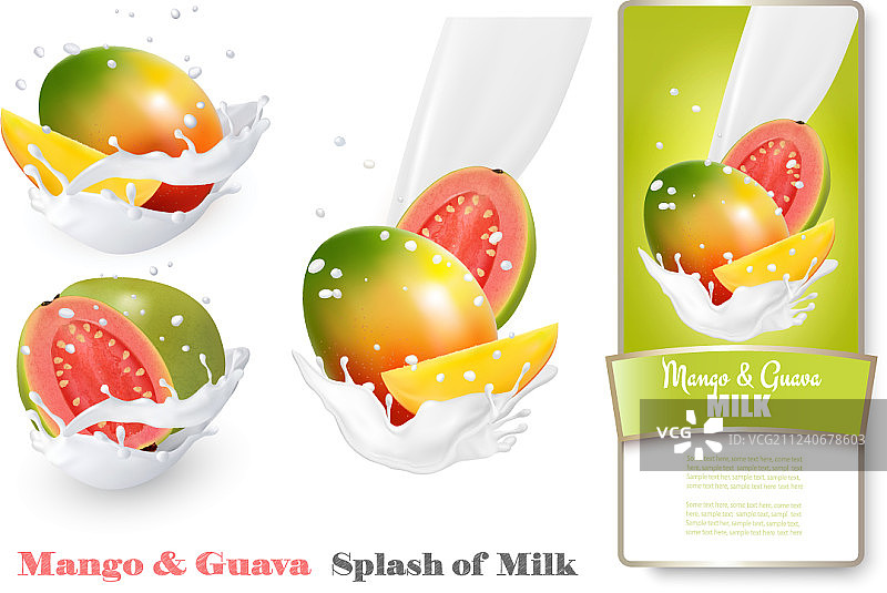 芒果和番石榴在牛奶飞溅中图片素材