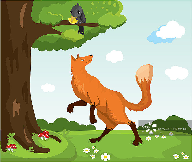拿着奶酪的红狐狸和乌鸦的趣味角色图片素材