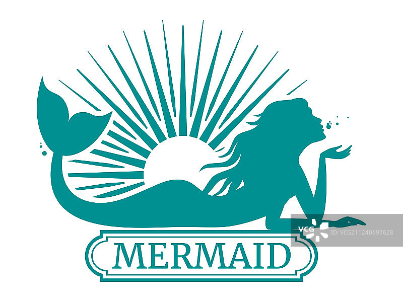 美人鱼剪影和太阳标签设计图片素材