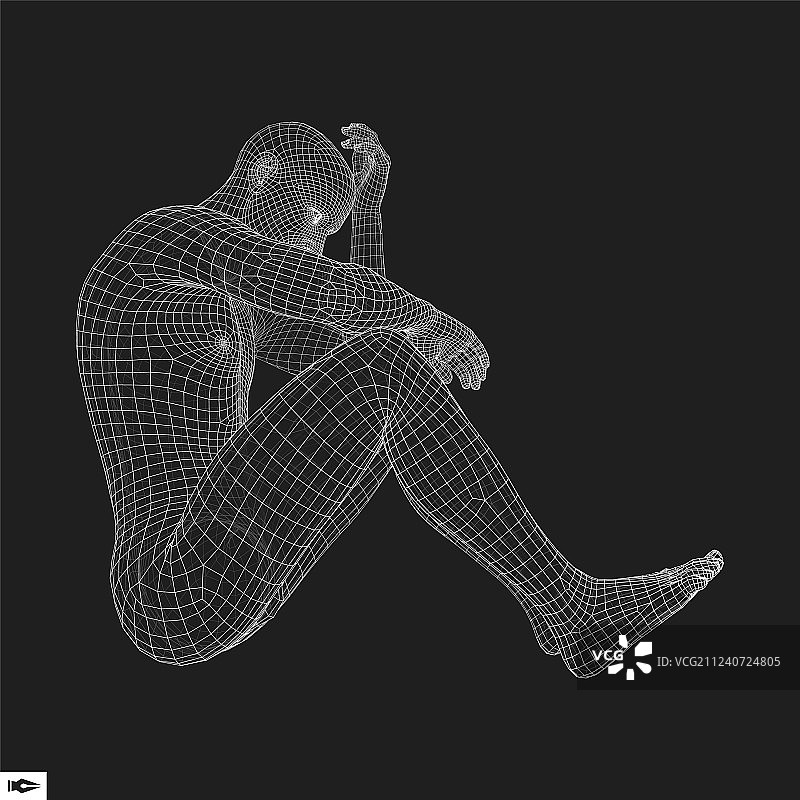 沉思者姿势的男人3D模型，几何风格图片素材
