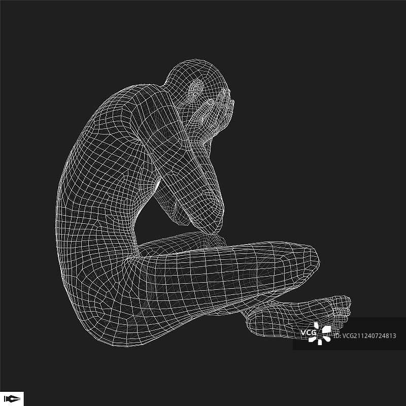 沉思姿势的男子3D线框模型图片素材