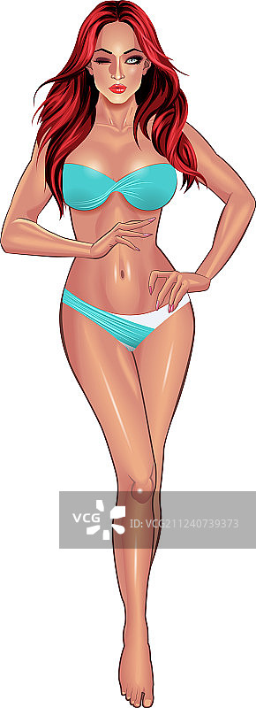 身穿蓝色比基尼的年轻女子图片素材