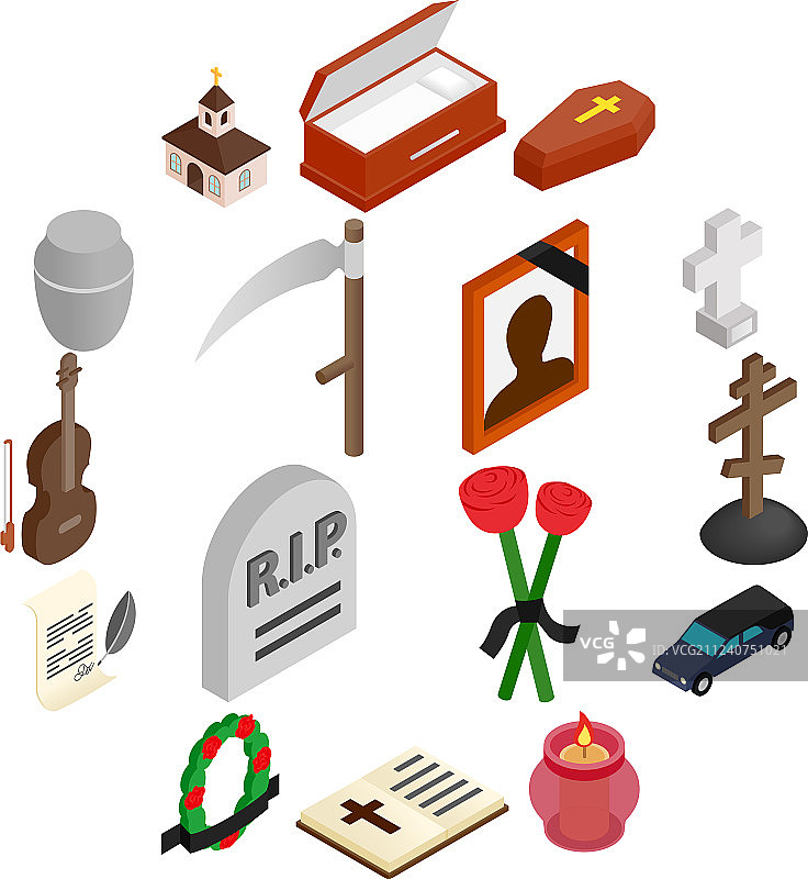 葬礼和埋葬等距3D图标图片素材