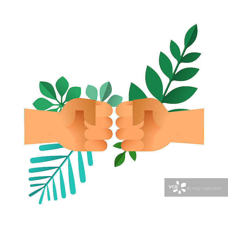 带有绿叶的碰拳手，象征自然援助图片素材