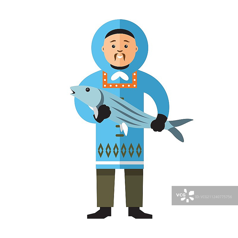 拿着鱼的微笑爱斯基摩人（扁平风格）图片素材