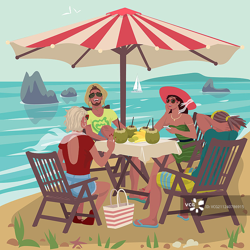 两对情侣在热带海滩用餐图片素材