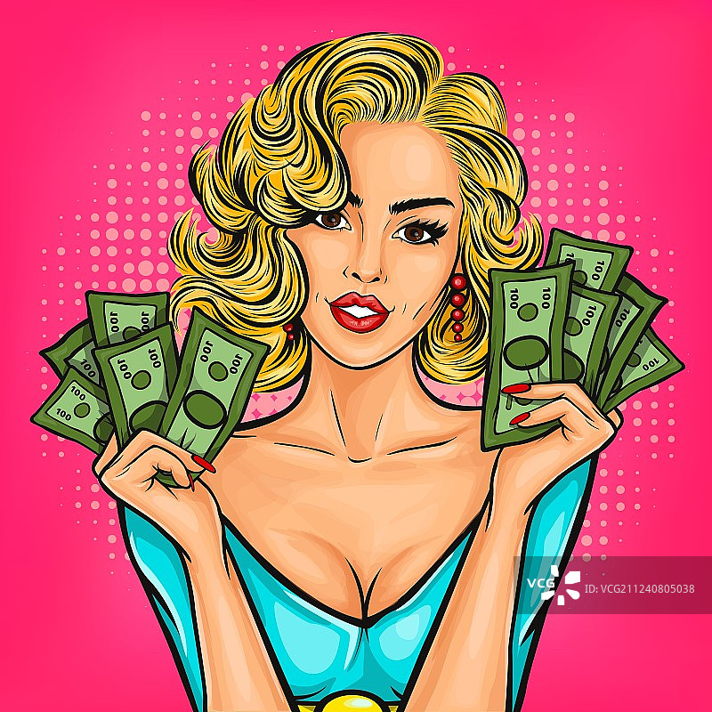 手持现金的波普艺术女孩图片素材