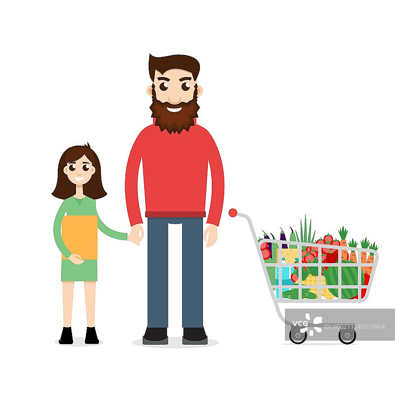 男人推着购物车和家人一起购物图片素材