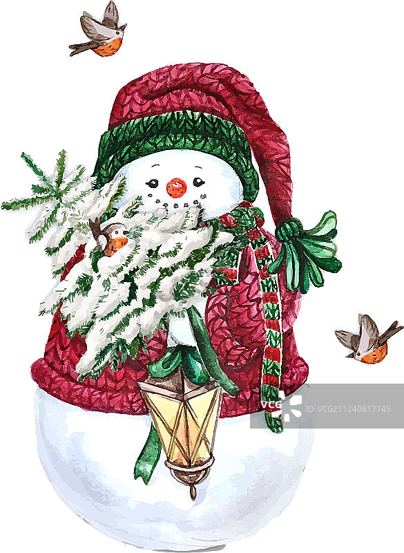 水彩雪人与灯具节日装饰图片素材
