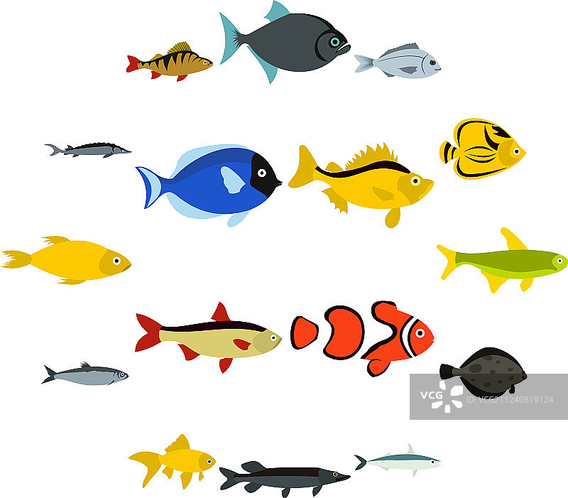 扁平风格鱼图标合集图片素材