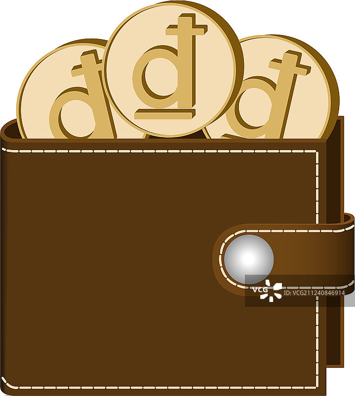 装有越南盾硬币的棕色钱包图片素材