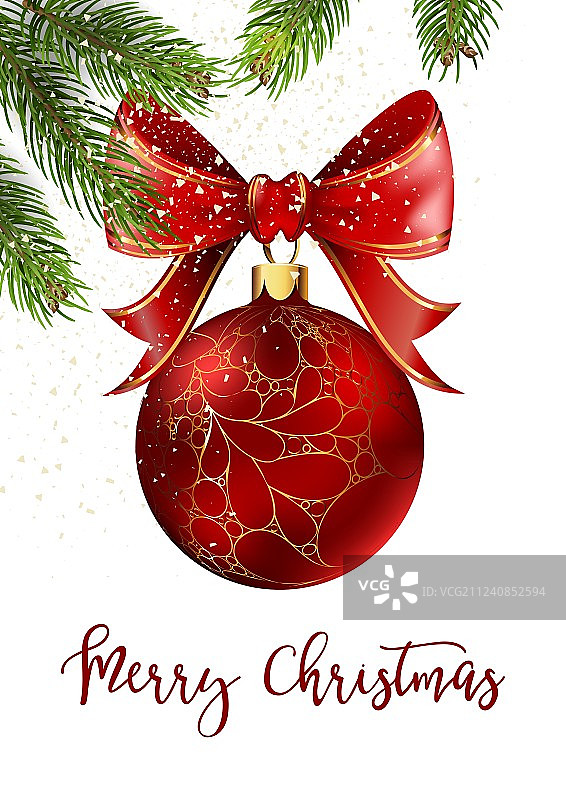 带丝带和蝴蝶结的红色圣诞球图片素材