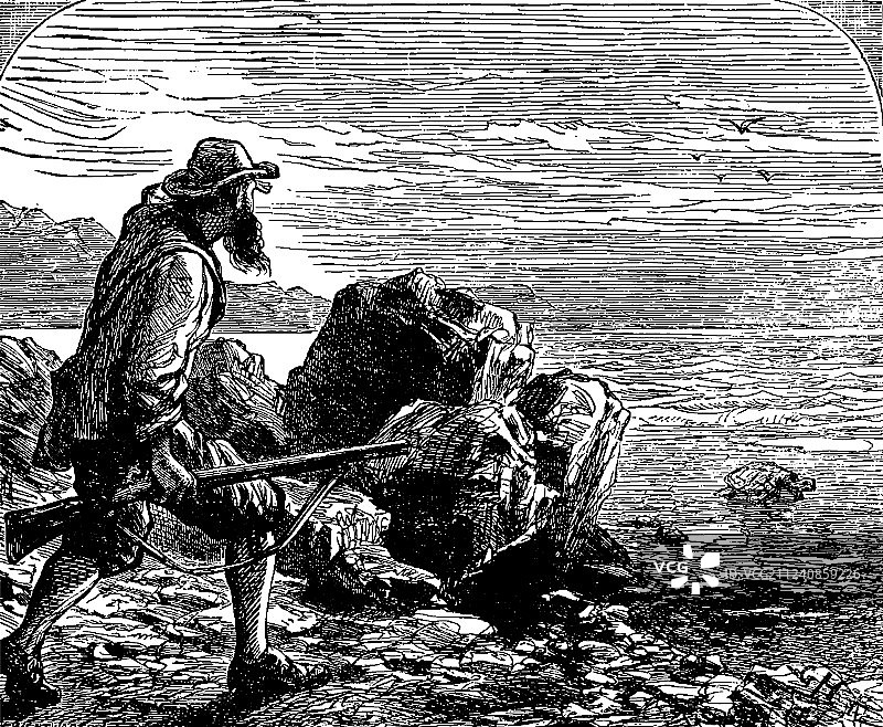 复古鲁滨逊发现海龟图片素材