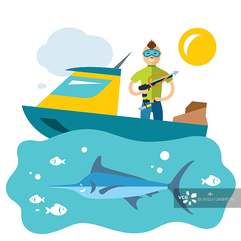 鱼叉捕鱼扁平风格彩色图片素材