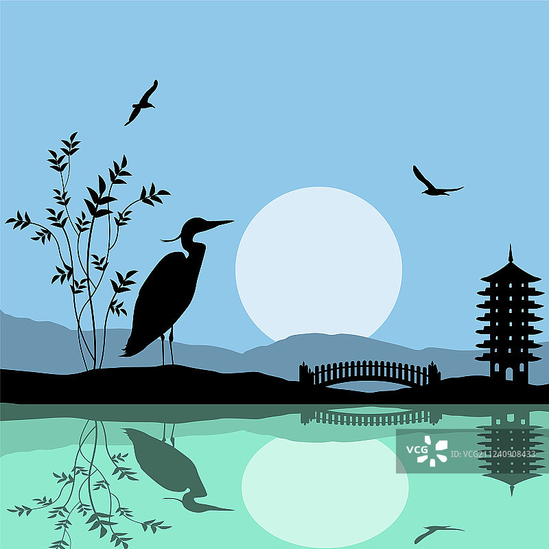 亚洲美景：河上苍鹭剪影图片素材