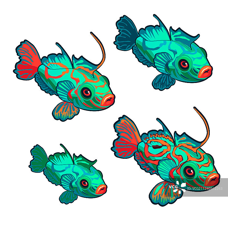 卡通绿色鱼，带红色装饰图片素材