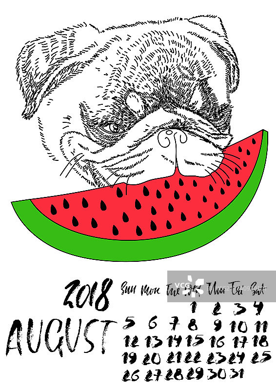 带有干刷字体的2018年8月日历图片素材