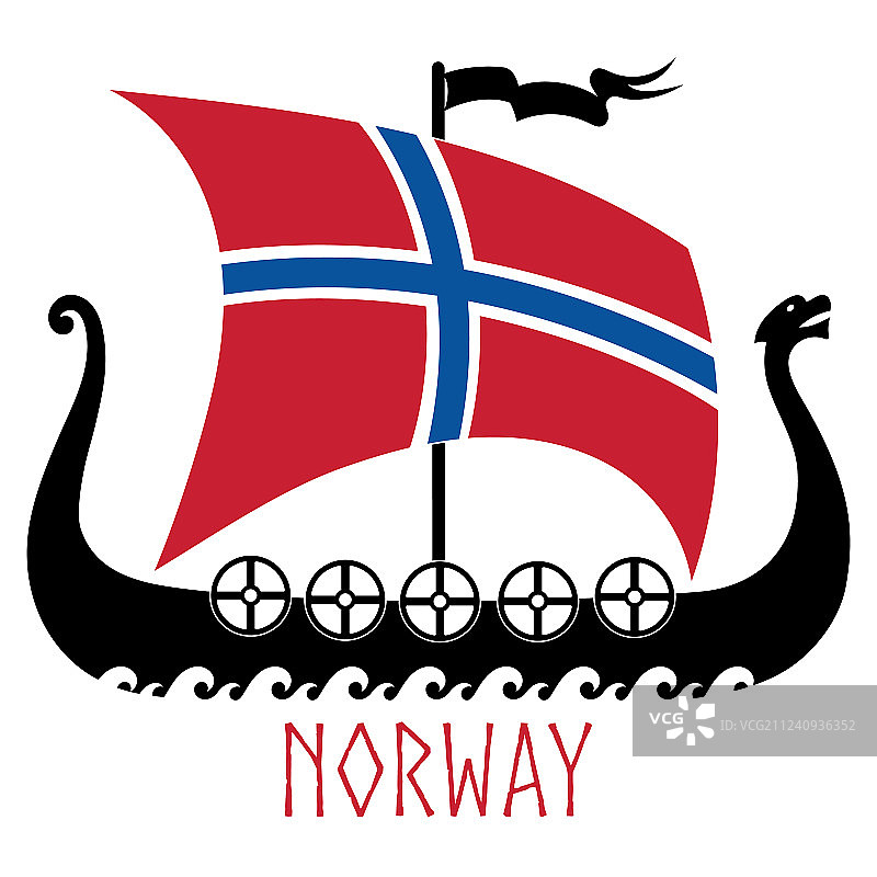 维京战舰 - 龙头船和挪威国旗图片素材