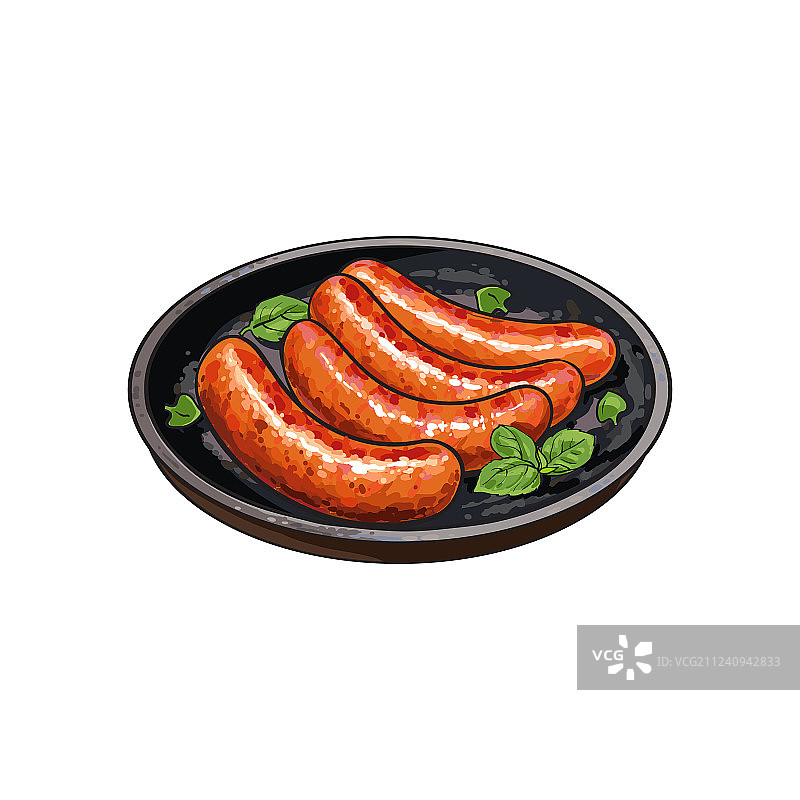 平底锅上的四根烤香肠图片素材