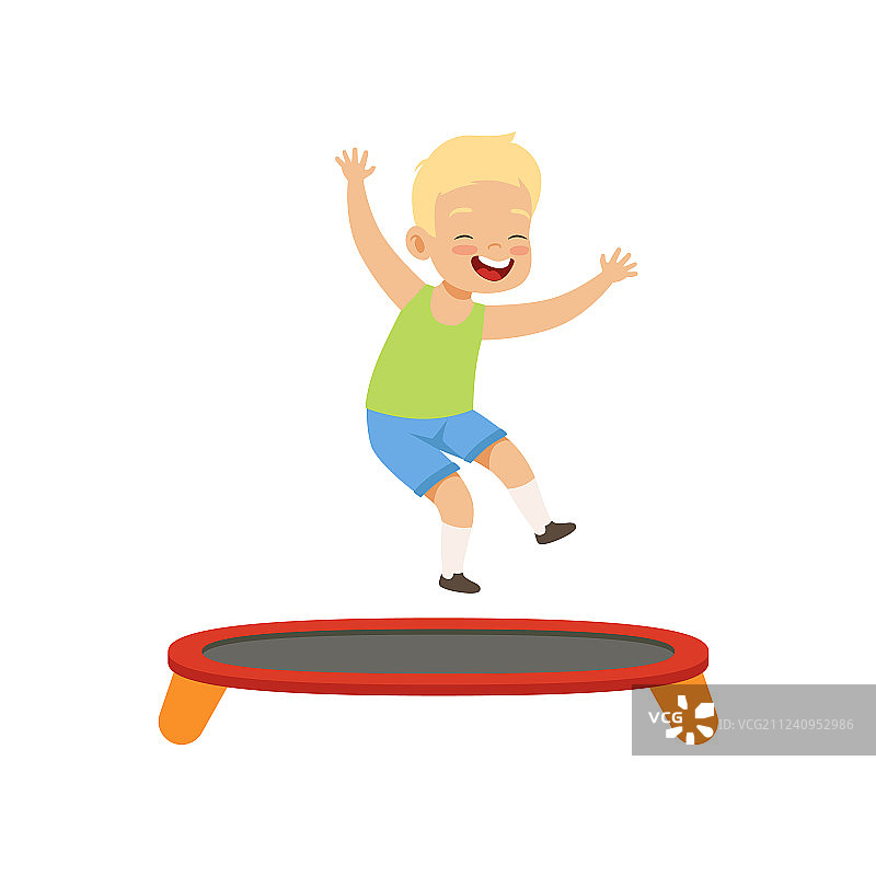 男孩在蹦床上玩耍图片素材