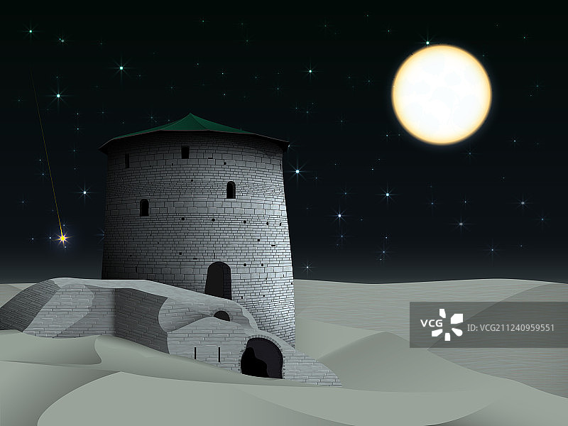 带有古塔和堡垒的夜景图片素材