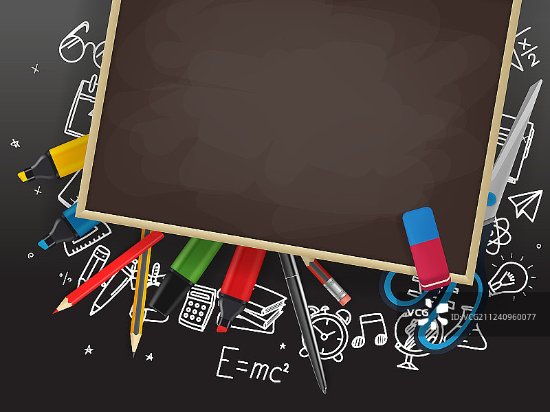 带有不同教育用品的学校黑板图片素材