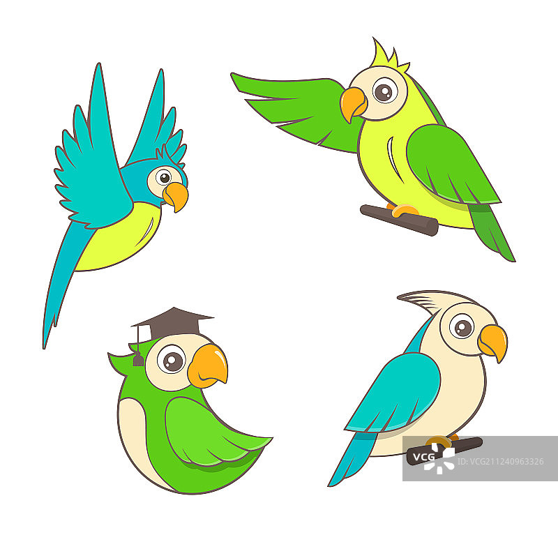 白色背景上的一组可爱卡通鹦鹉图片素材