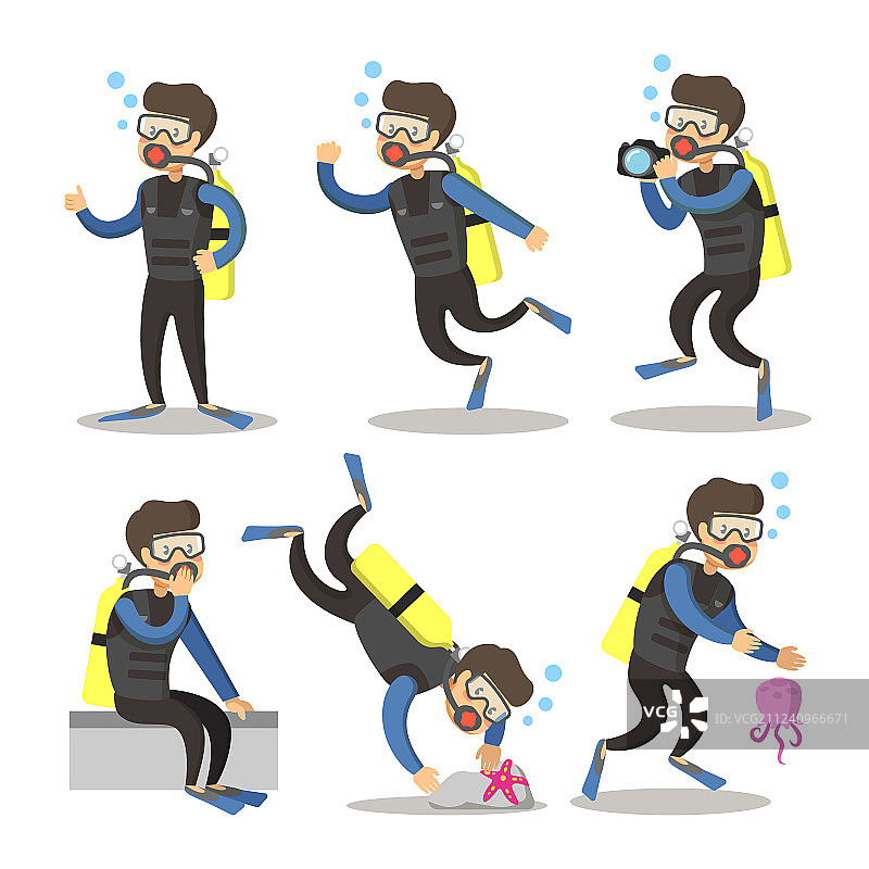 卡通水肺潜水员浮潜潜水套装图片素材