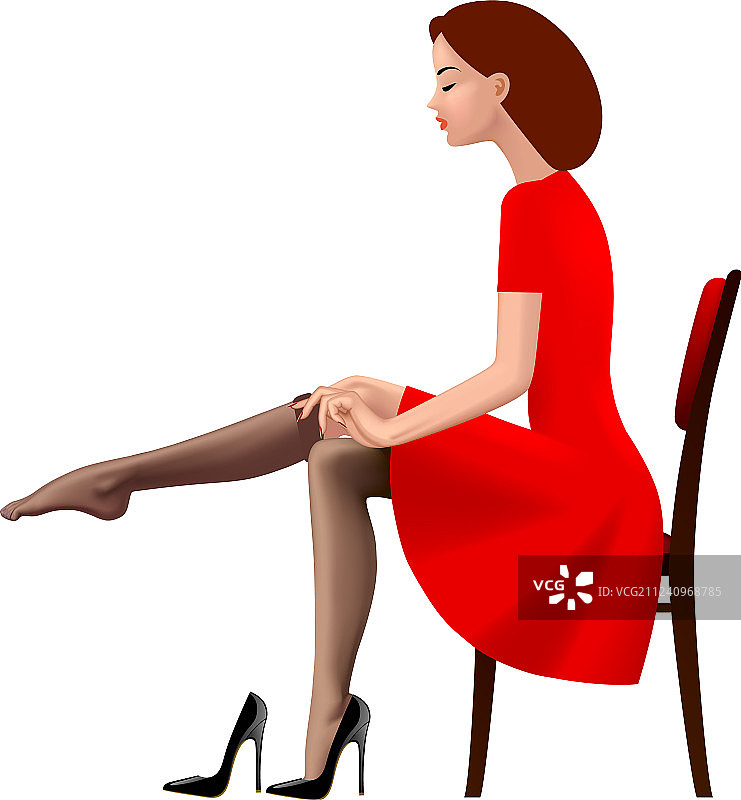 身穿红色复古连衣裙，正在穿长袜的女人图片素材