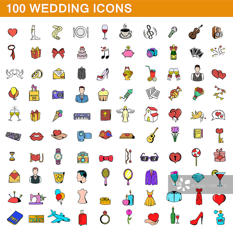 100个婚礼图标集，卡通风格图片素材