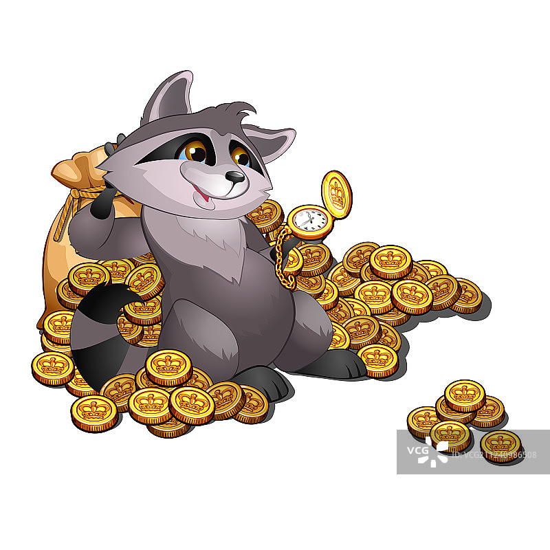 躺在金堆上的富豪浣熊高利贷者图片素材
