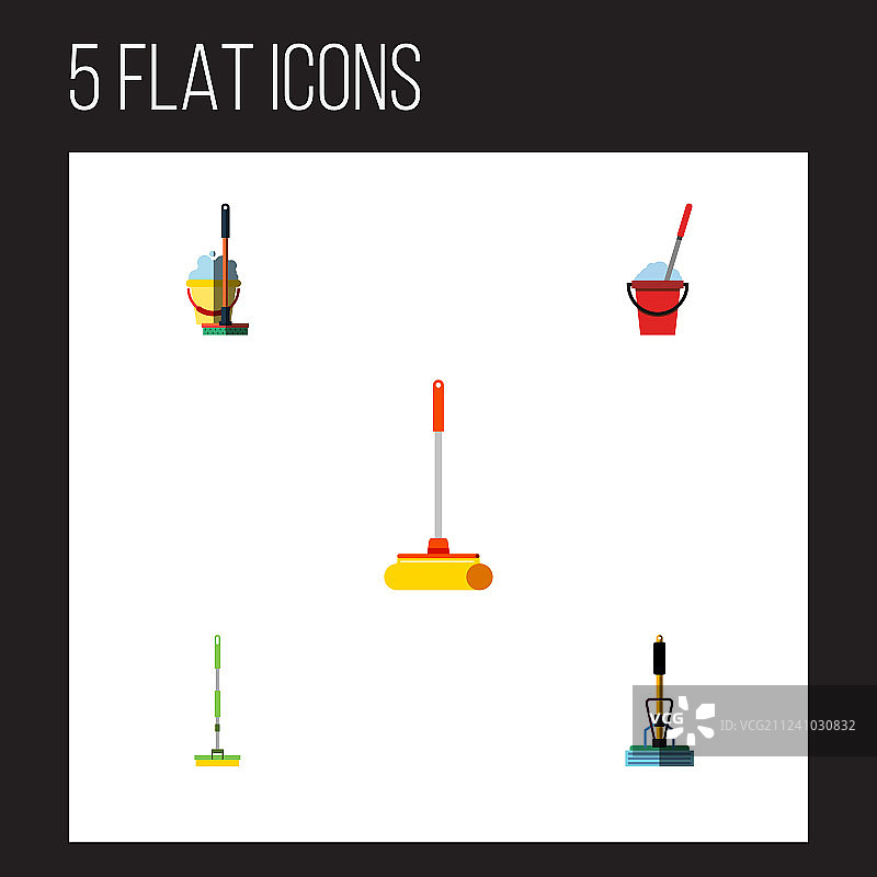 拖把、清洁设备、水桶扁平图标集图片素材