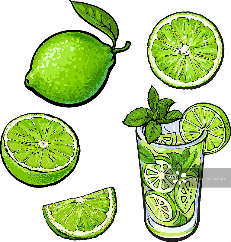 完整、一半、四分之一的青柠和柠檬水图片素材