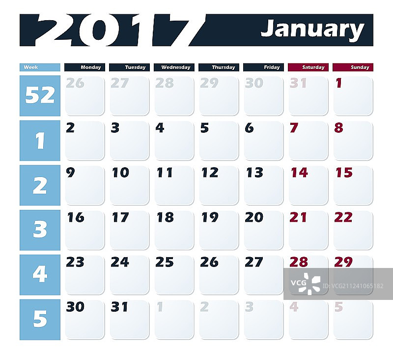 2017年1月日历设计模板（周历）图片素材