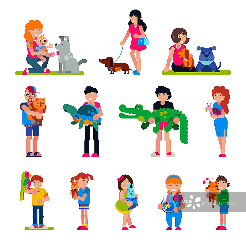 有宠物、女人、男人和孩子的人群图片素材