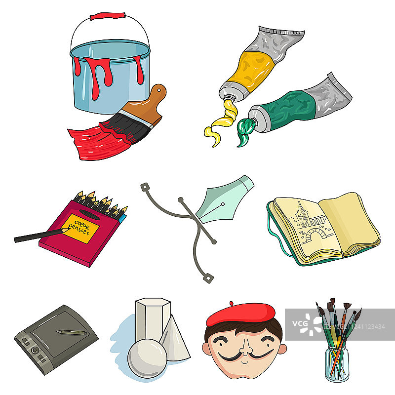 卡通风格的艺术家和绘画套装图标图片素材