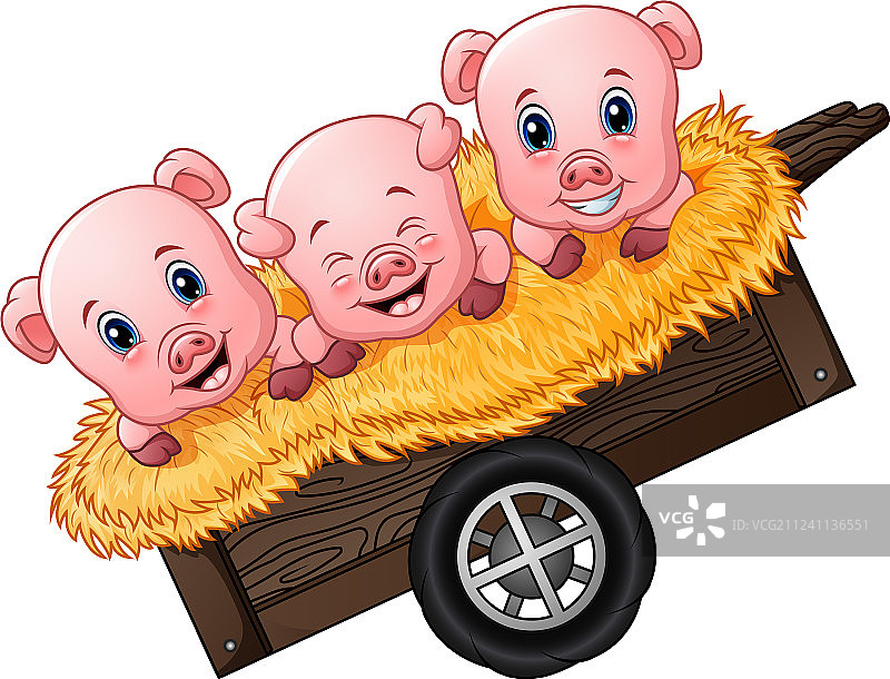 手推车上的三只小猪卡通图片素材