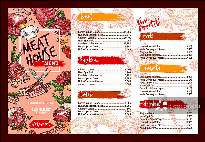 新鲜肉类餐厅菜单模板图片素材