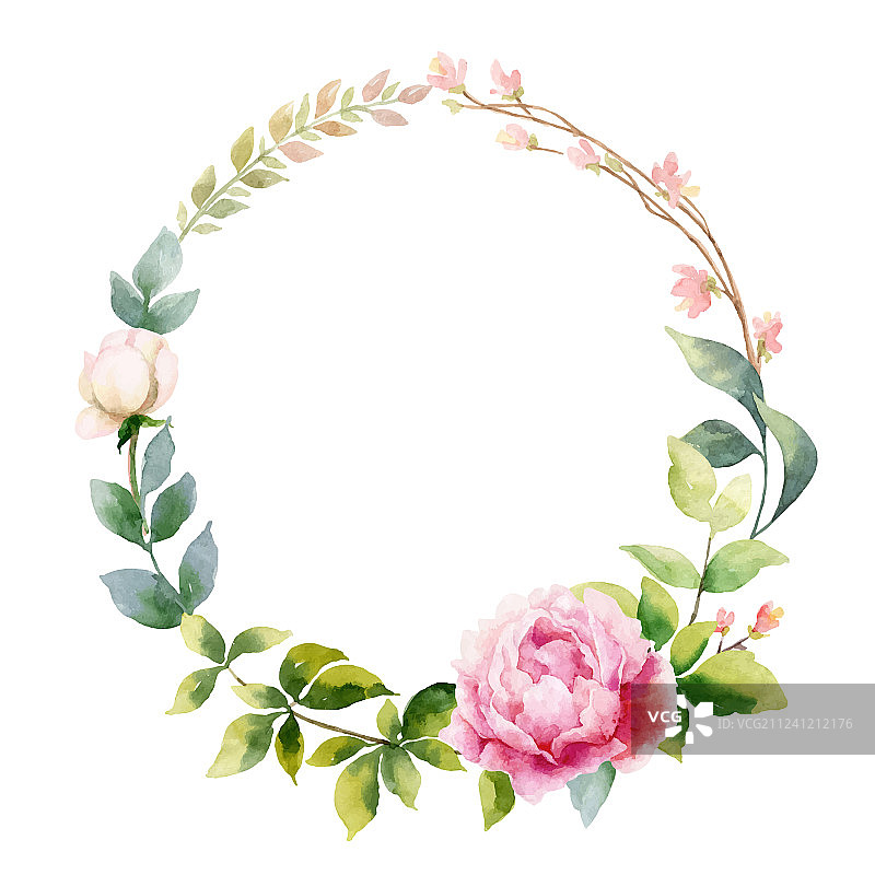 水彩手绘牡丹花环图片素材