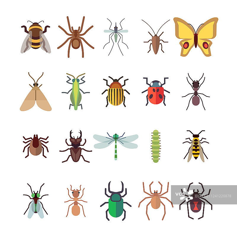 扁平风格昆虫图标集：蝴蝶和蜻蜓图片素材