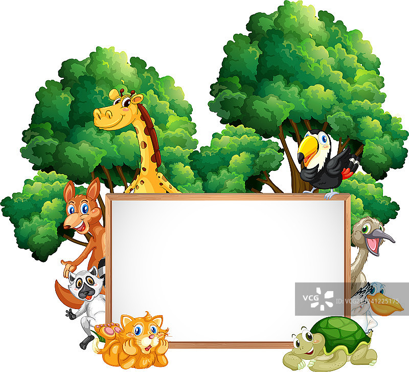 森林中包含多种动物的木制相框图片素材