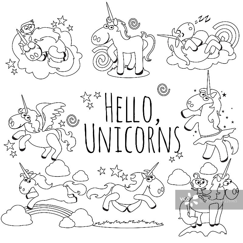 可爱独角兽线条图标合集：魔法飞马图片素材