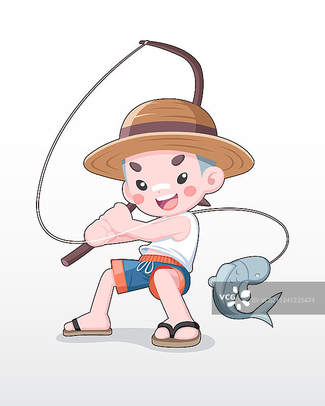 可爱风格的日本男孩在钓鱼图片素材
