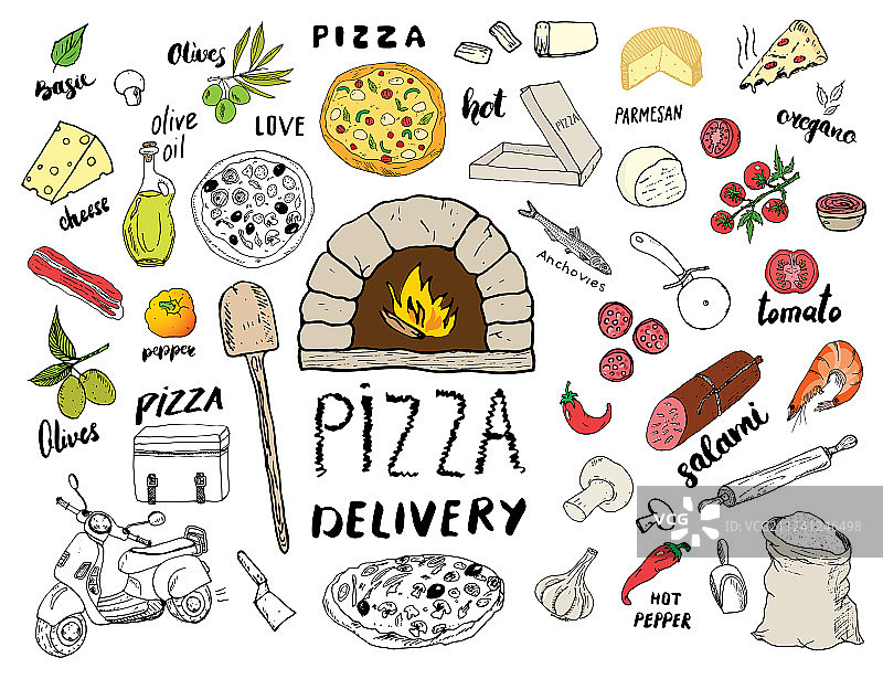 手绘披萨菜单草图图片素材
