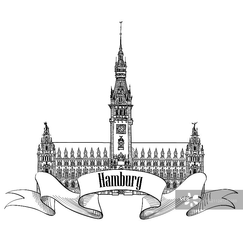 德国汉堡市政厅地标手绘图图片素材