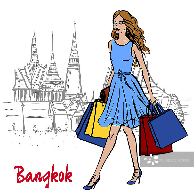 女子在大皇宫和玉佛寺附近图片素材