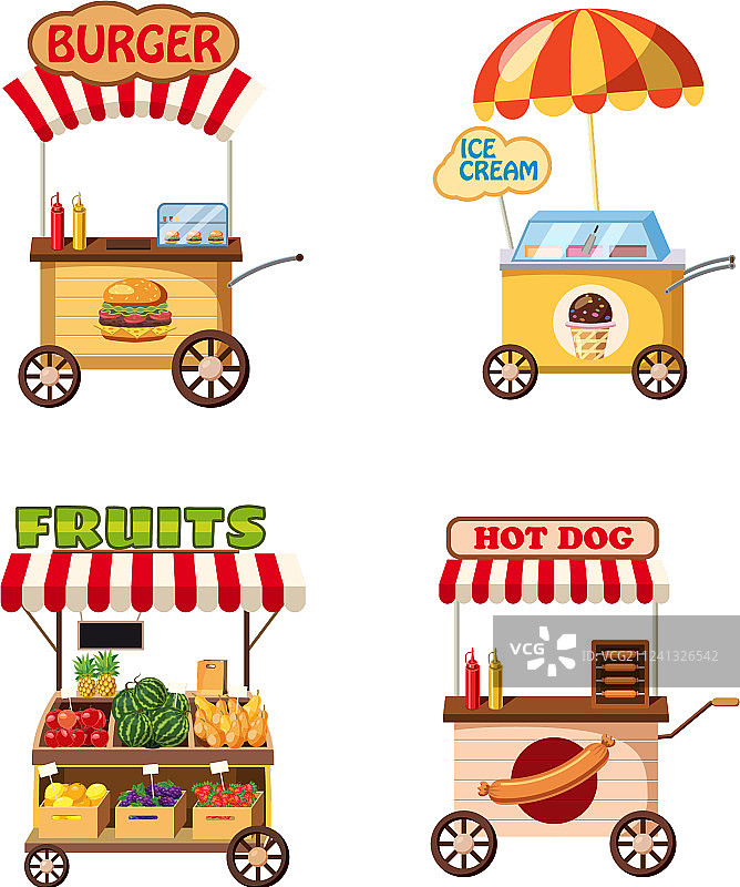 卡通风格的街边手推车店铺图标集图片素材