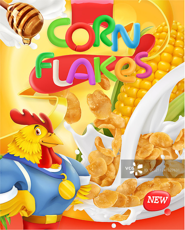 玉米片公鸡吉祥物与蜂蜜牛奶图片素材